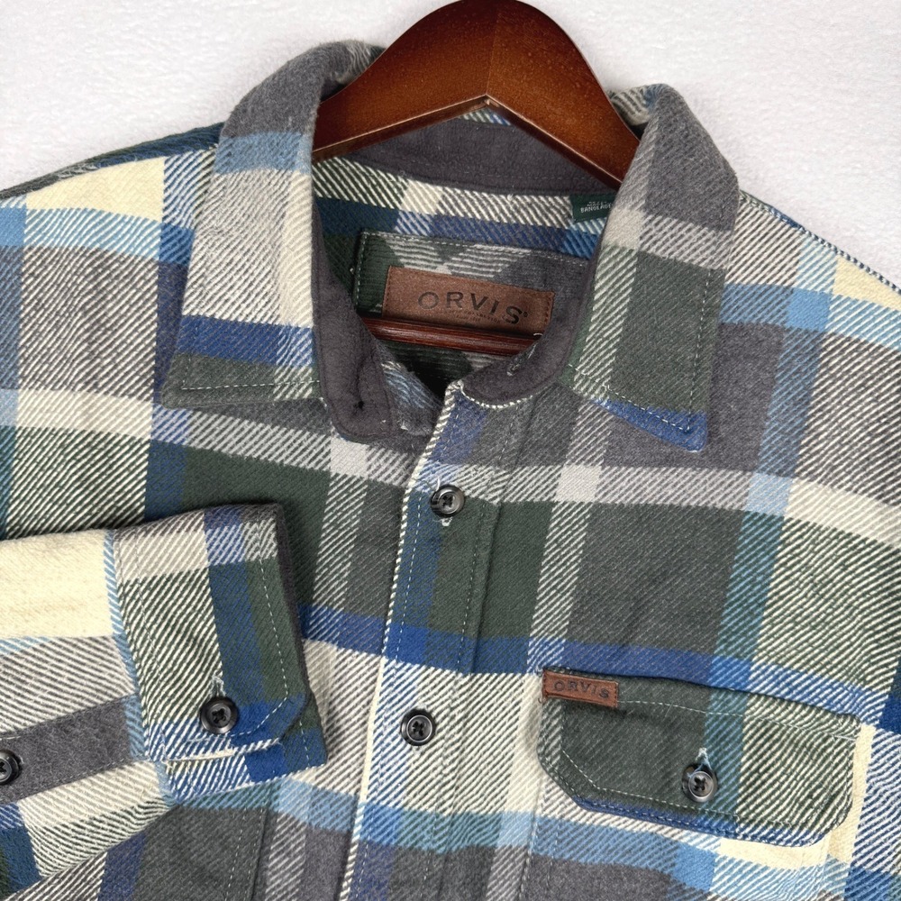 Orvis Flannel Shacket Mens Medium Blue Green Plaid Heavyweight Shirt Jacket
